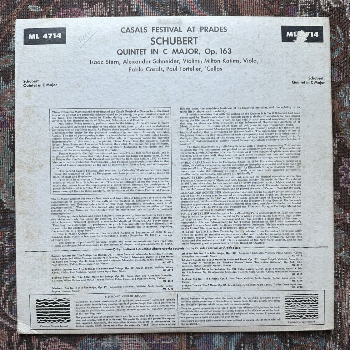 Schubert Quintet In C Major Op 163 - Casals Festival ML 4714 - Six Eye - Image 6