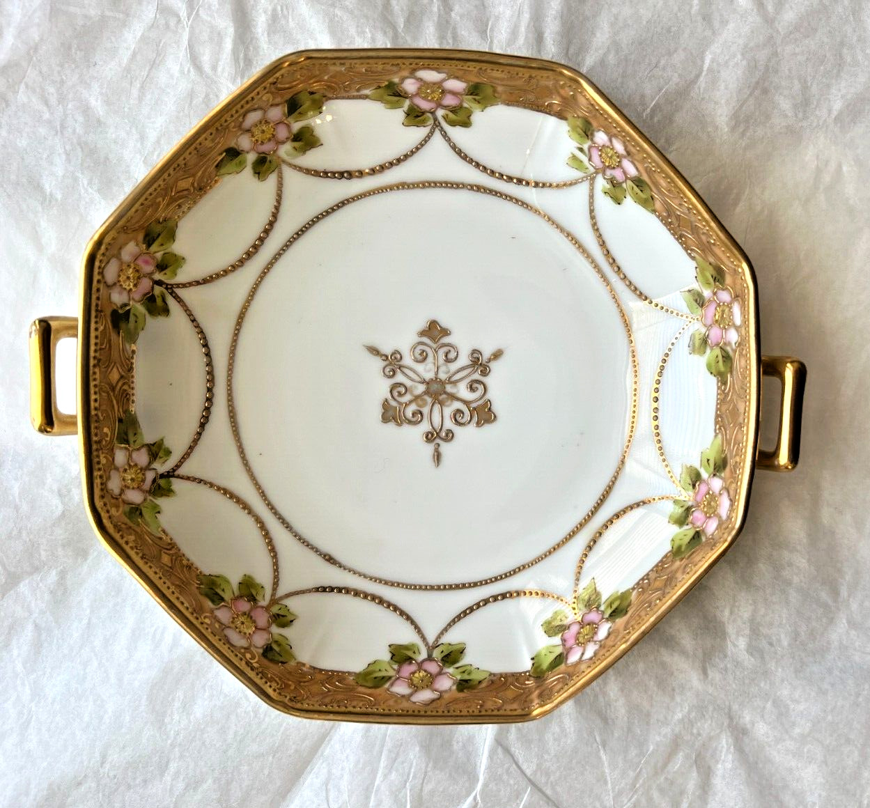 Vintage Nippon Japan Hand Painted Double Handle Candy Dish Bowl