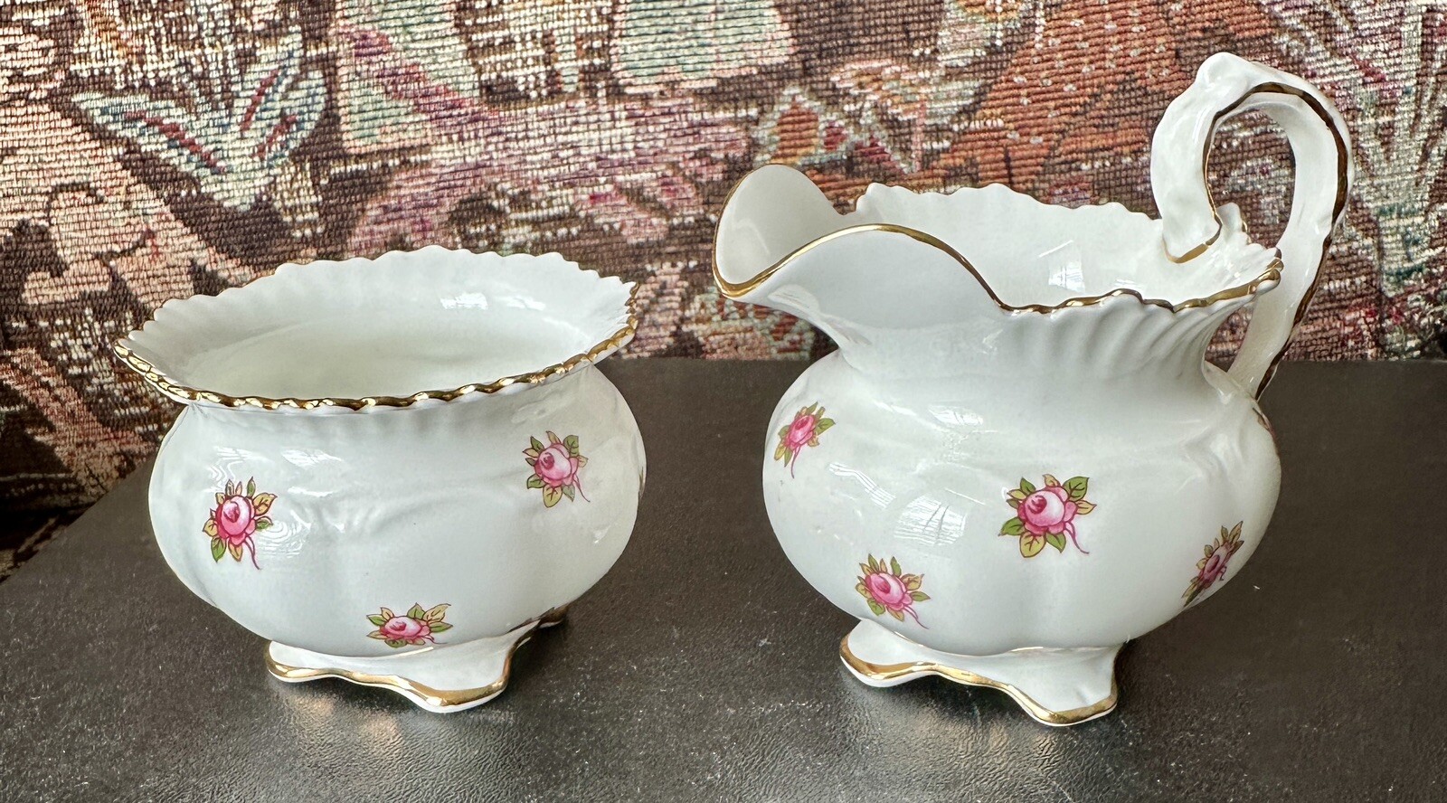 Aynsley Hathaway Bone China Creamer and Open Sugar Bowl 1969B - UK - Immaculate - Image 2
