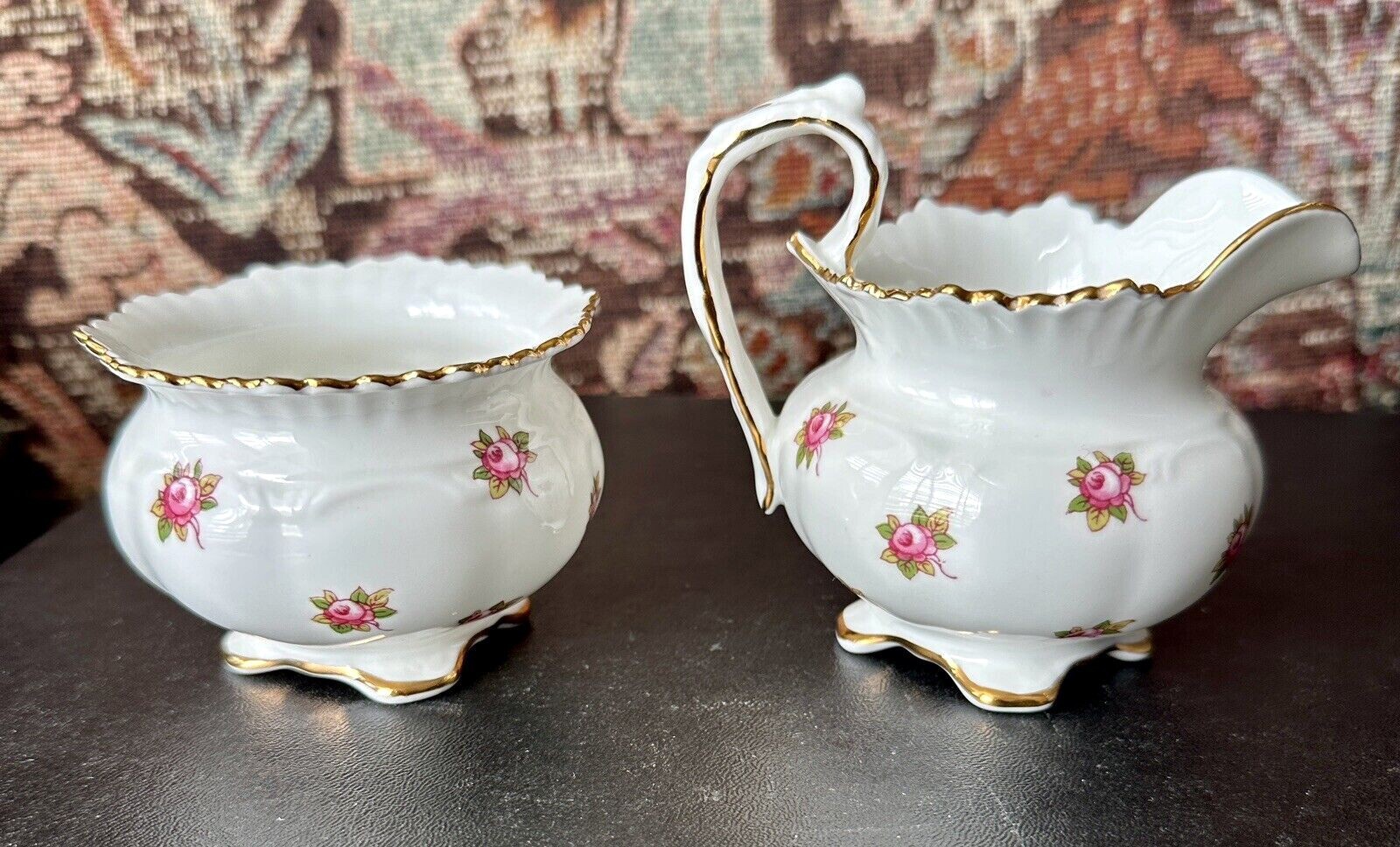 Aynsley Hathaway Bone China Creamer and Open Sugar Bowl 1969B - UK - Immaculate