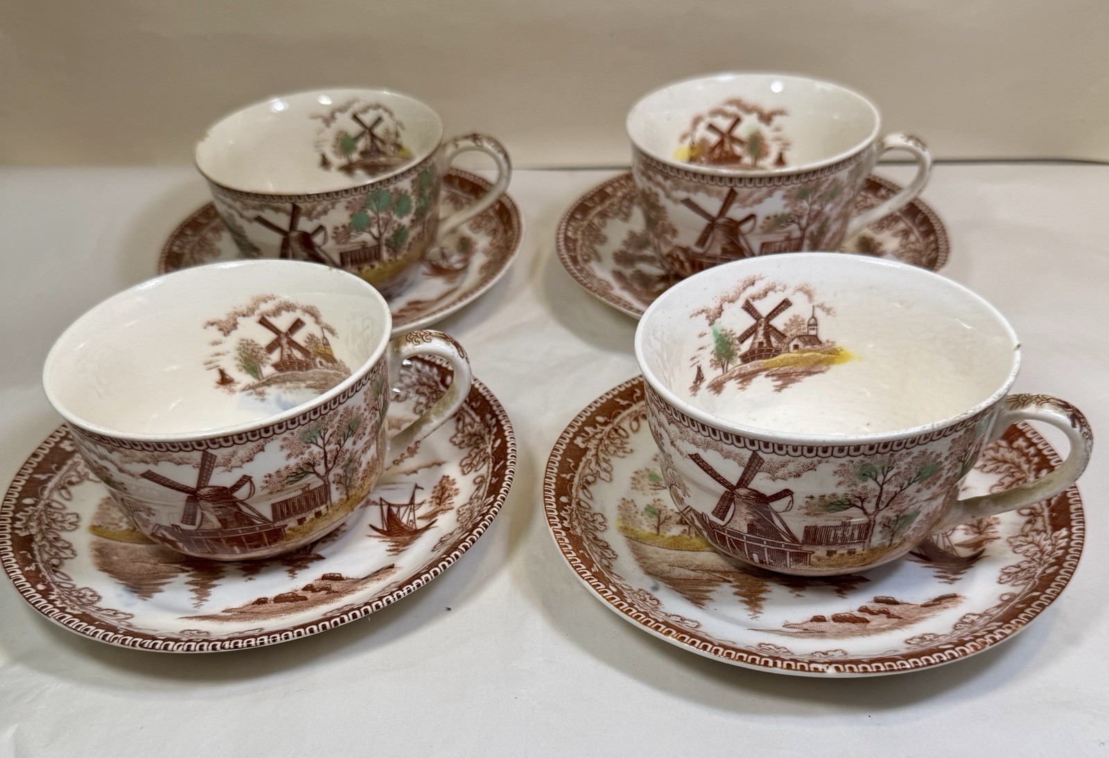 Set of Four Tea Cups & Saucers Holland Windmill / Sailing Boats - Japan - Image 1