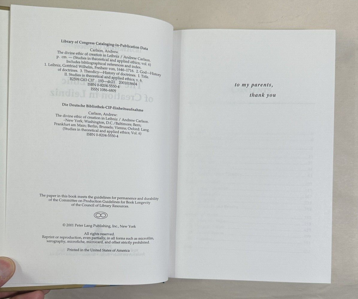 The Divine Ethic of Creation in Leibniz - Andrew Carlson, 2001 - HC - Immaculate - Image 2