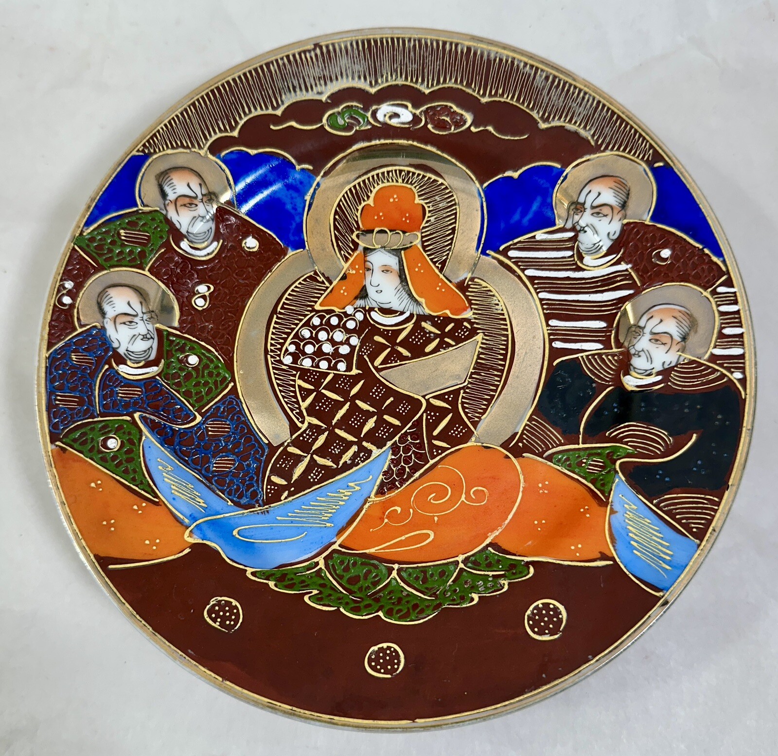 Six (6) Satsuma Japanese Moriage Goddess Kanna & 4 Immortals Plates - 7-1/8" - Image 1