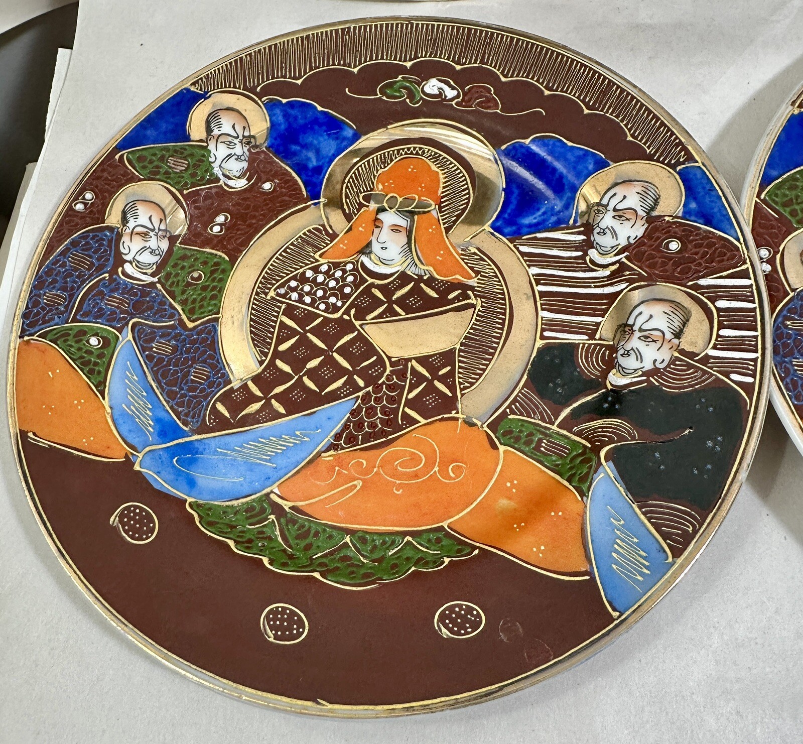 Six (6) Satsuma Japanese Moriage Goddess Kanna & 4 Immortals Plates - 7-1/8" - Image 4