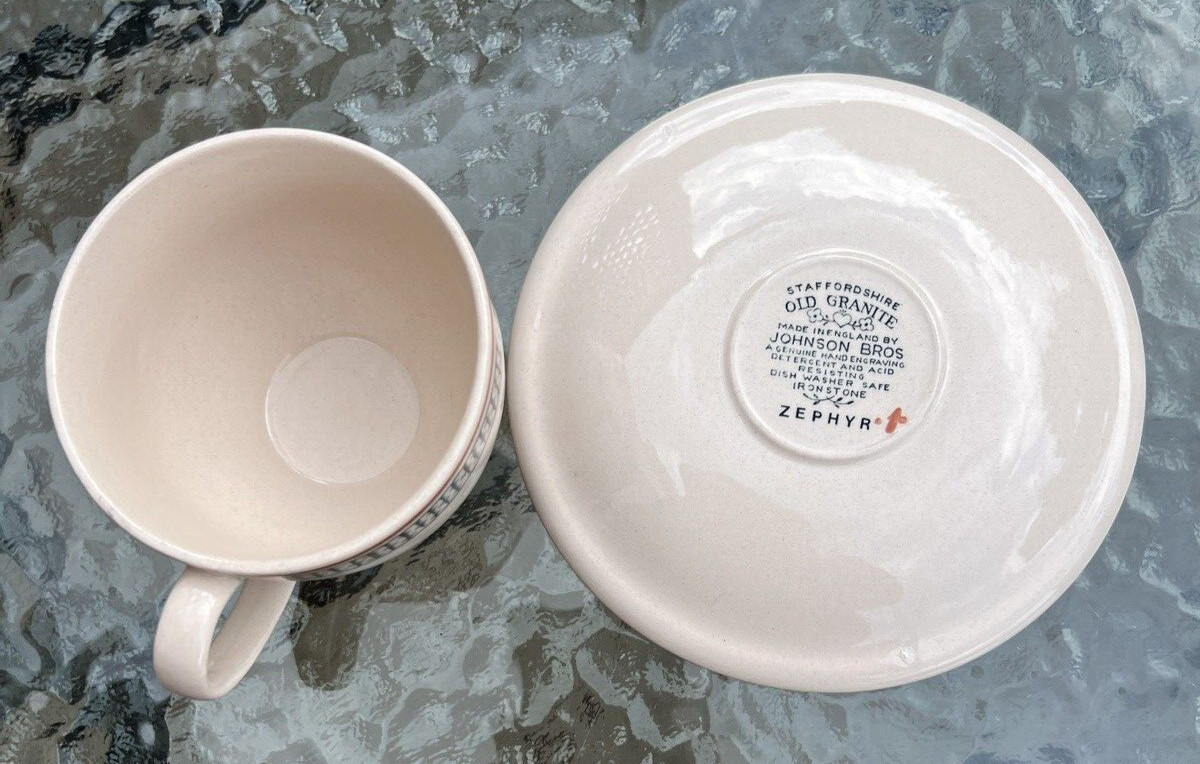 Eleven Johnson Brothers Zephyr Old Granite Ironstone Flat Tea Cups and Saucers - Image 5