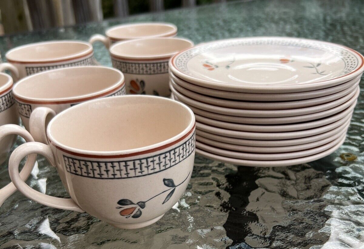 Eleven Johnson Brothers Zephyr Old Granite Ironstone Flat Tea Cups and Saucers - Image 6