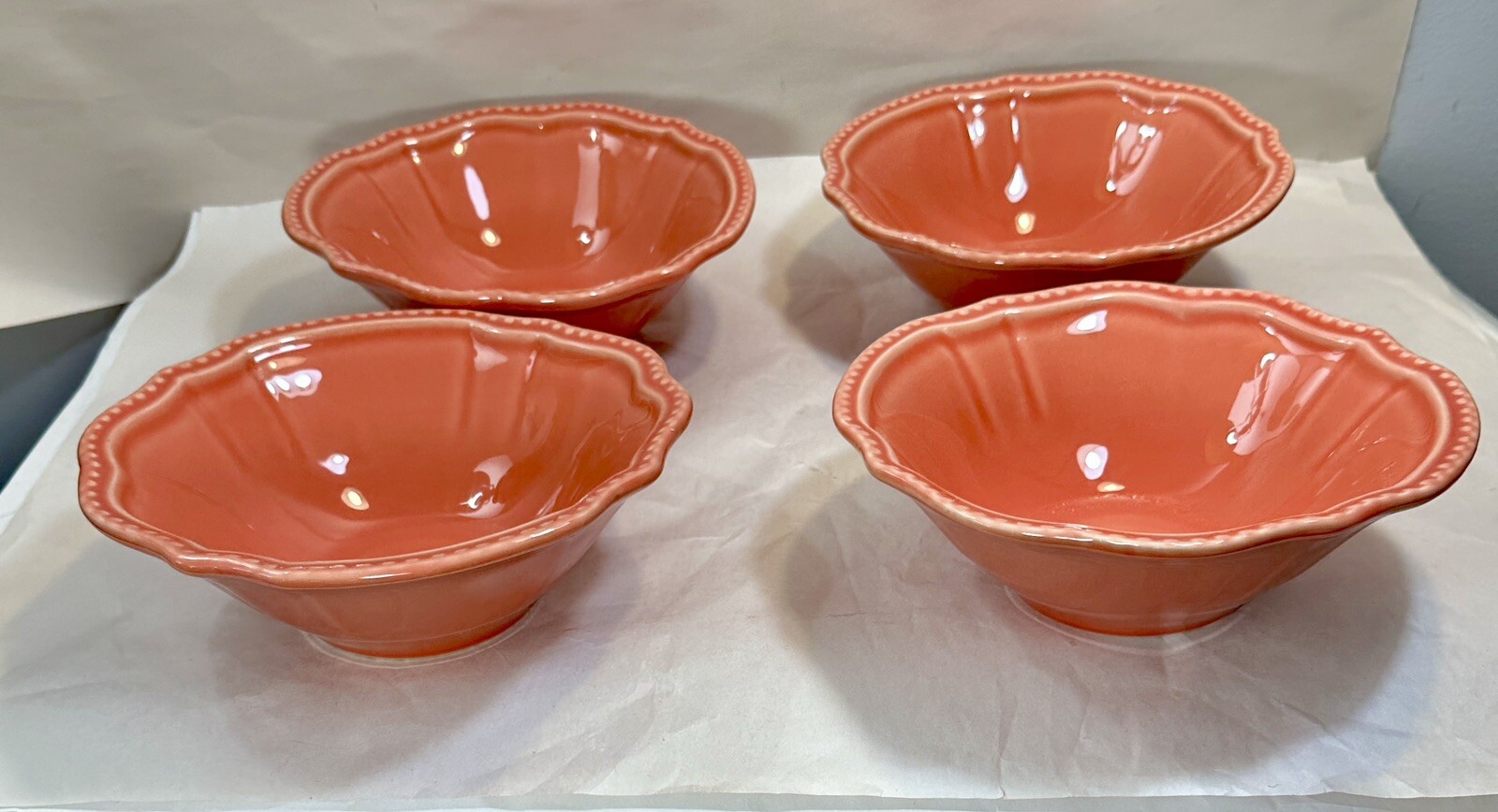 Set of Four Primagera Coral 7-3/8" Soup / Salad Bowls with Beaded Edge
