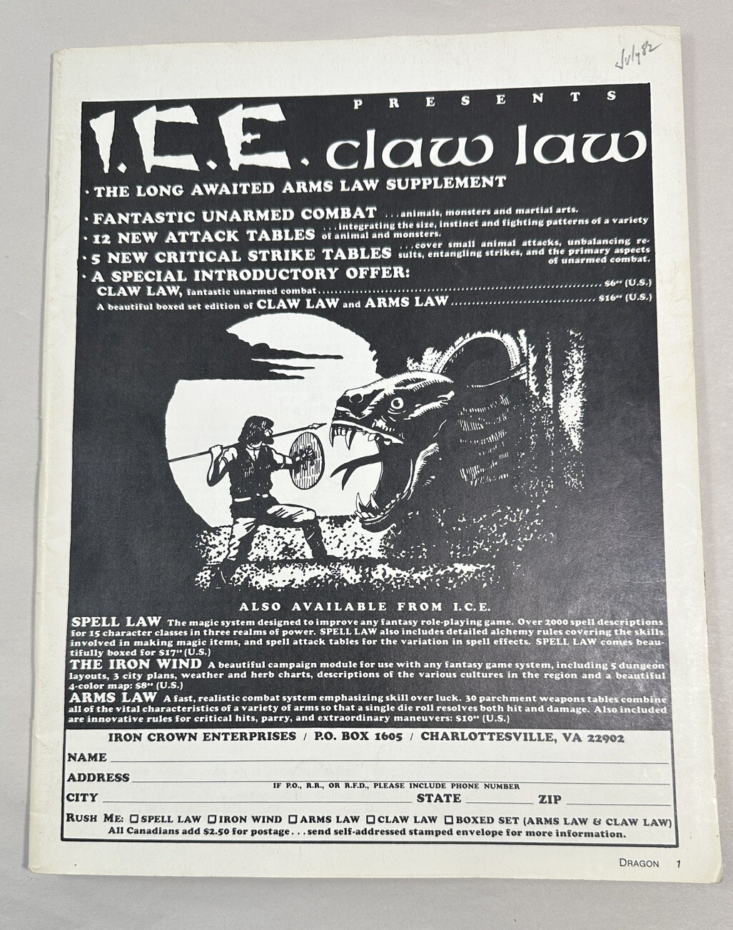 ICE Claw Law (Dragon Magazine) July 1982 First Edition