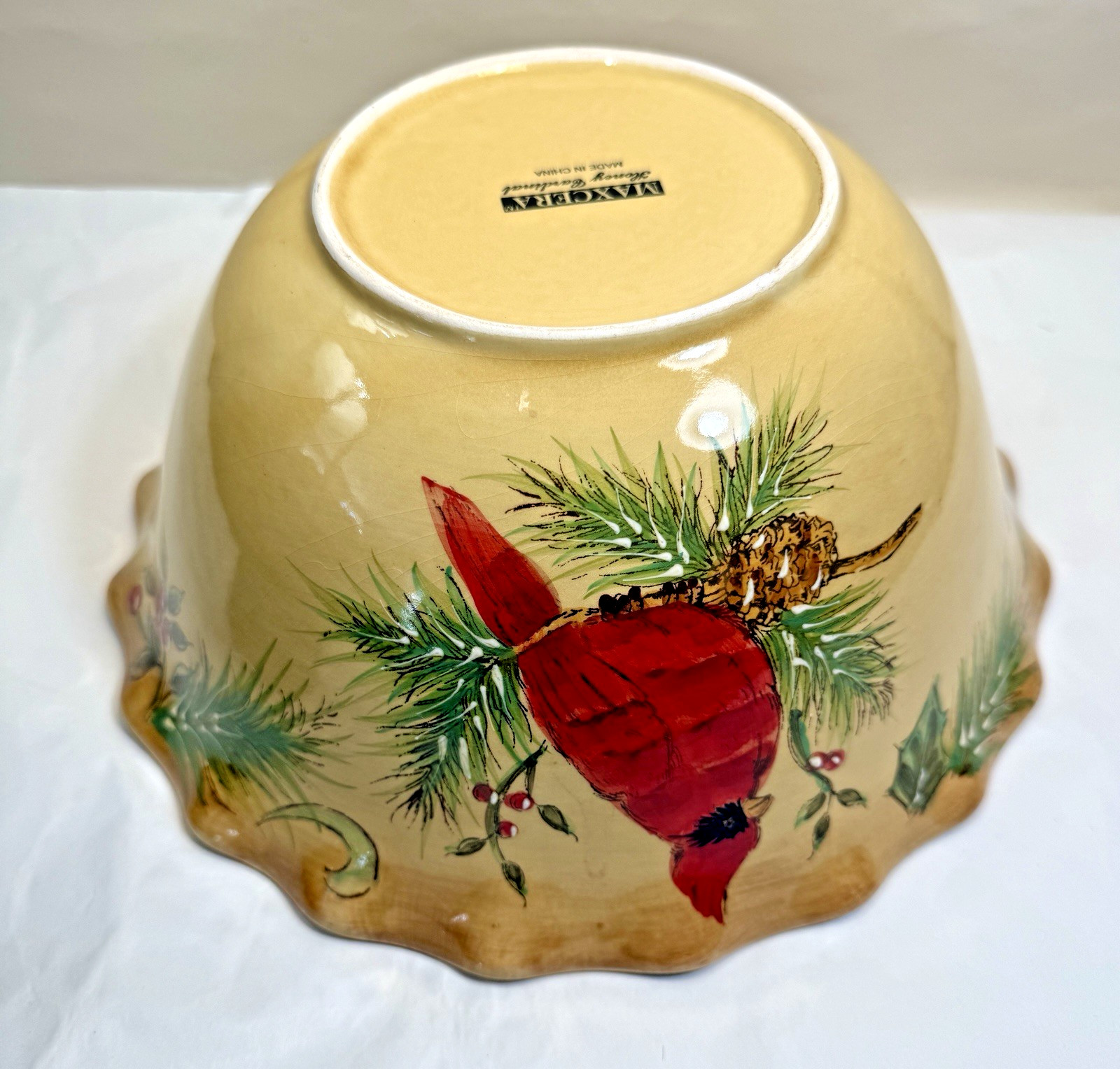 Maxcera 10" Serving Bowl - Red Cardinal / Berries / Holly / Xmas Motifs - EUC - Image 1