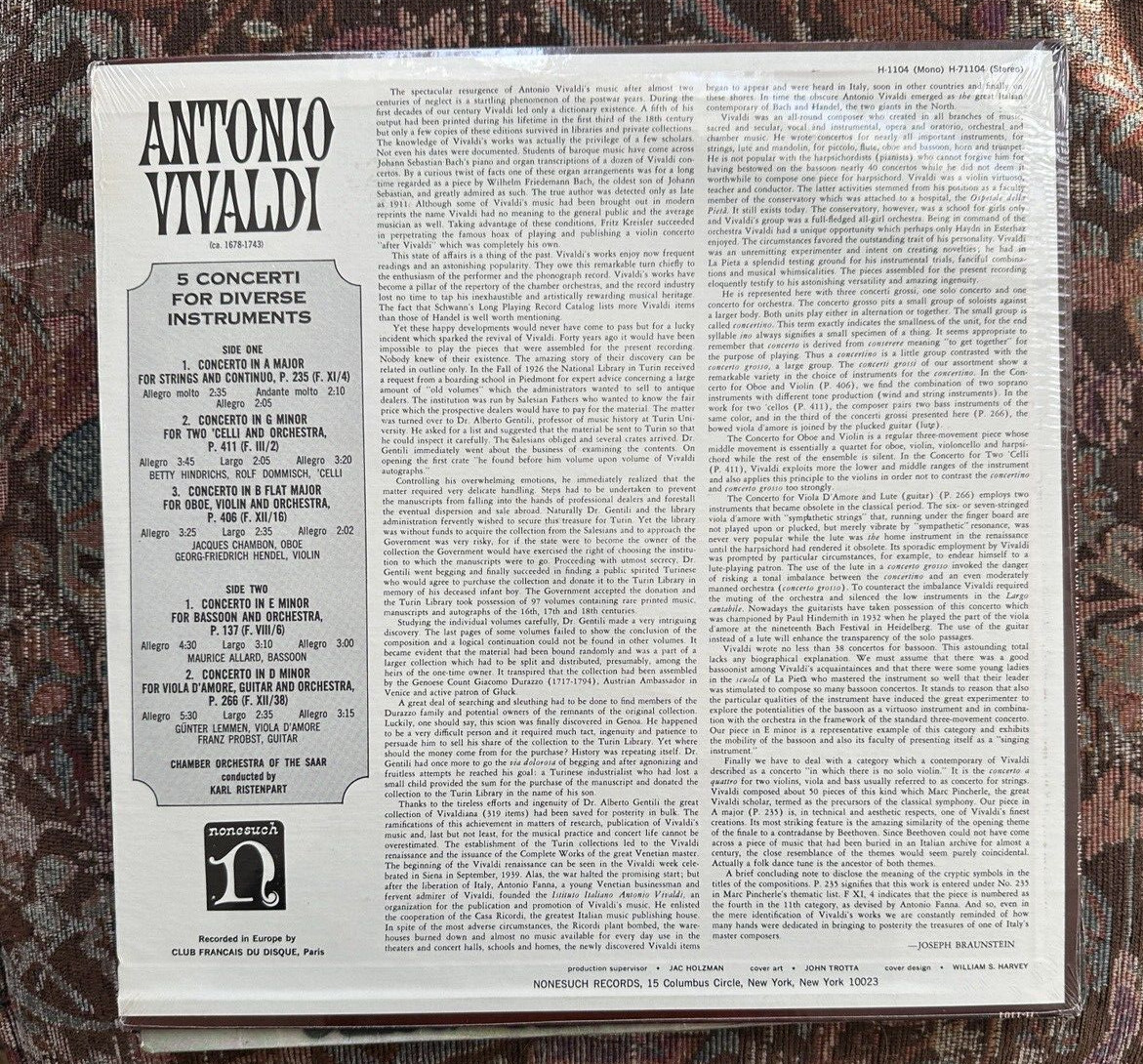 SEALED: Vivaldi 5 Concerti For Diverse Instruments / Ristenpart NONESUCH H-71104 - Image 1