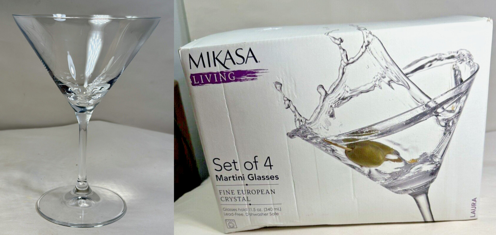 Set of 4 Mikasa Laura Crystal Martini Glasses - New in Box -- 11.5 ounces