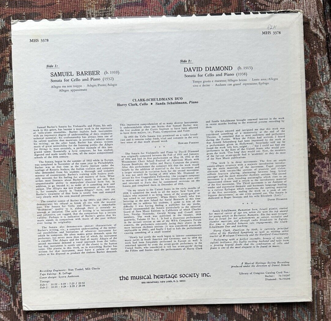The Clark-Schuldmann Duo - Diamond / Barber Cello Sonatas - MHS 3378 - Image 5