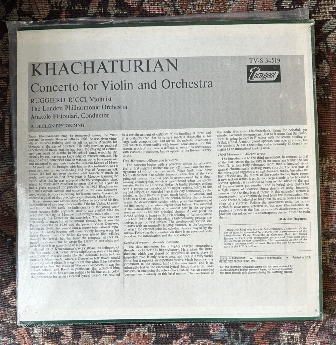 SEALED: Khachaturian Ruggiero Ricci / Fistoulari – Violin Concerto VOX TVS 34519 - Image 1