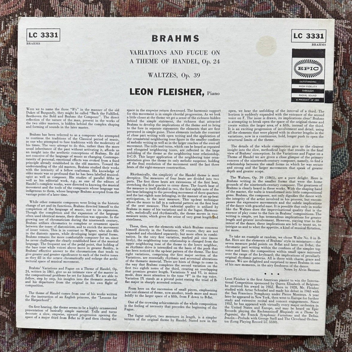 Brahms: Haydn Variations / Waltzes Op. 39 - Leon Fleisher - Epic LC 3331 - Image 6