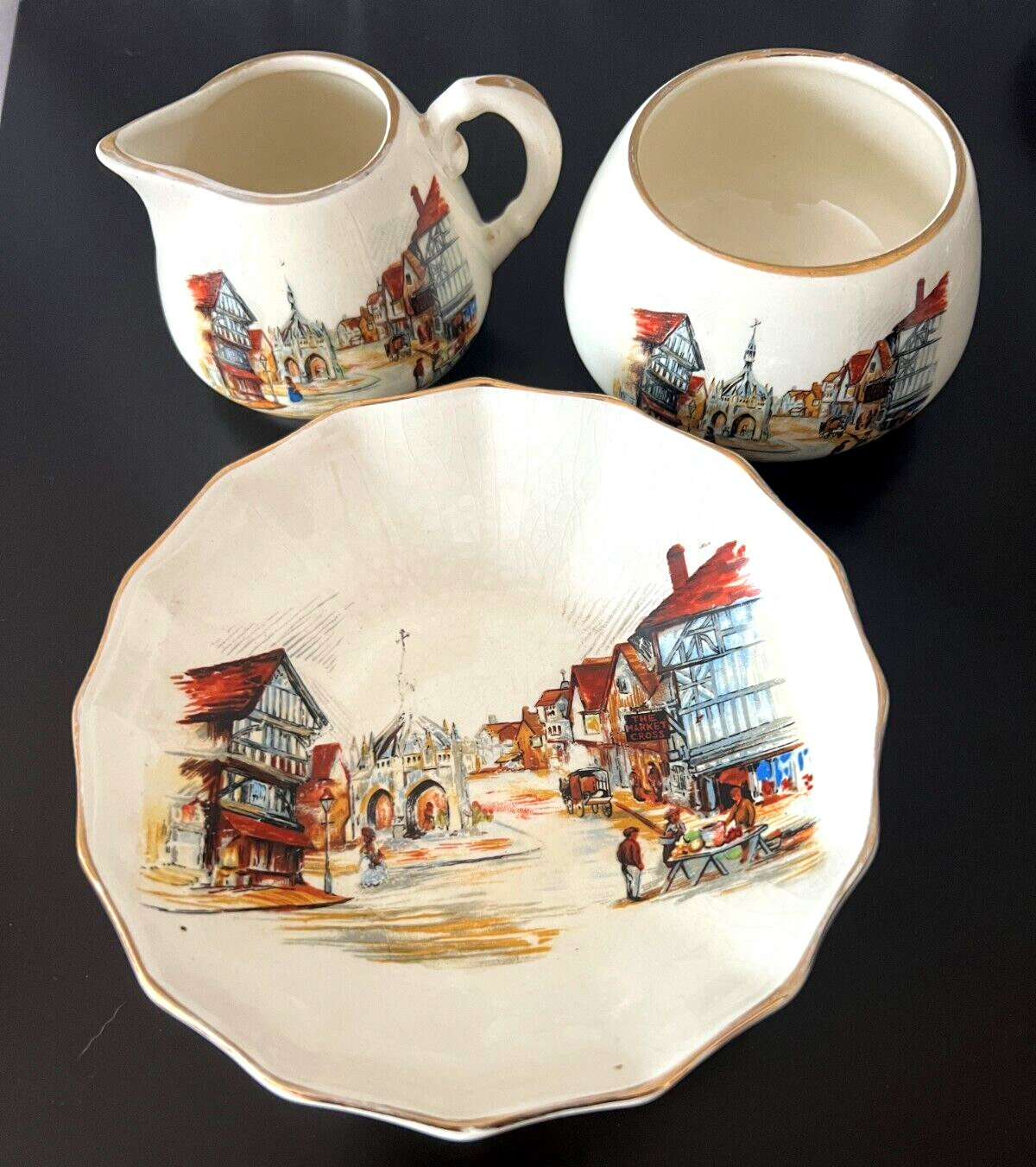 English Ware Lancaster Sandland LTD Hanley England Creamer, Sugar and Saucer EUC - Image 2