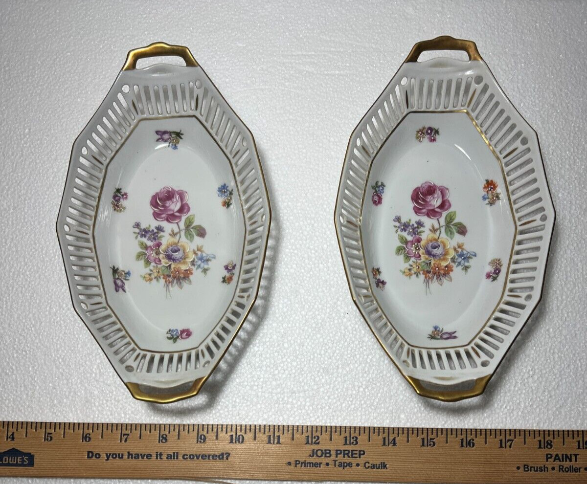 Two East German Porcelain Serving Dishes - Purple Flowers Gold Trim Latice Edge - Image 1