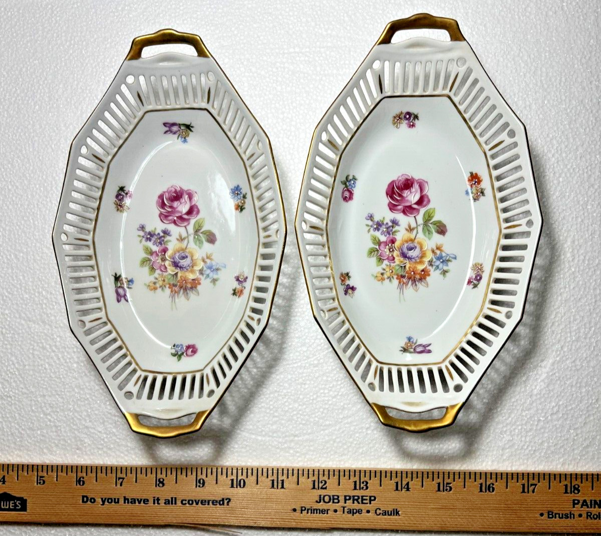 Two East German Porcelain Serving Dishes - Purple Flowers Gold Trim Latice Edge - Image 11