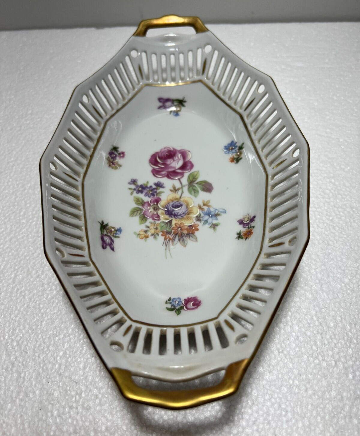 Two East German Porcelain Serving Dishes - Purple Flowers Gold Trim Latice Edge - Image 2