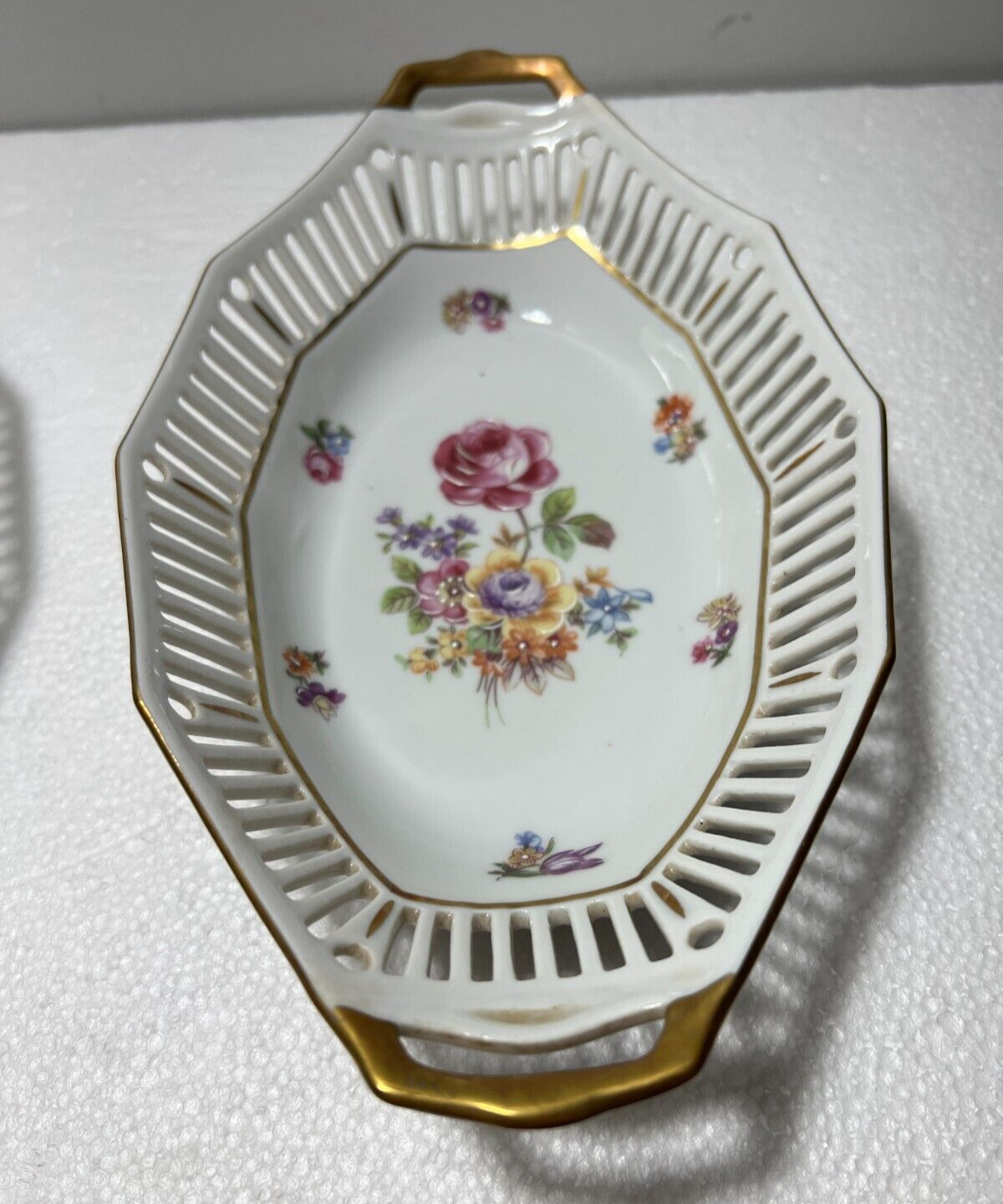 Two East German Porcelain Serving Dishes - Purple Flowers Gold Trim Latice Edge - Image 3