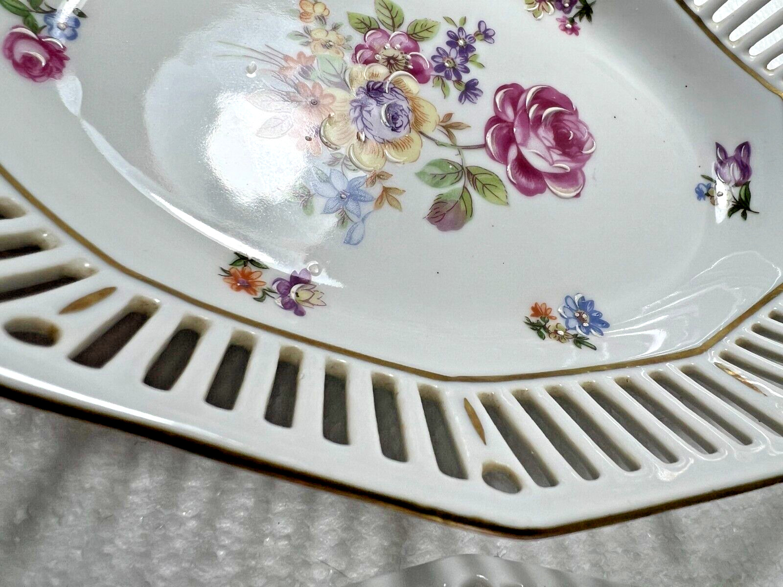 Two East German Porcelain Serving Dishes - Purple Flowers Gold Trim Latice Edge - Image 9