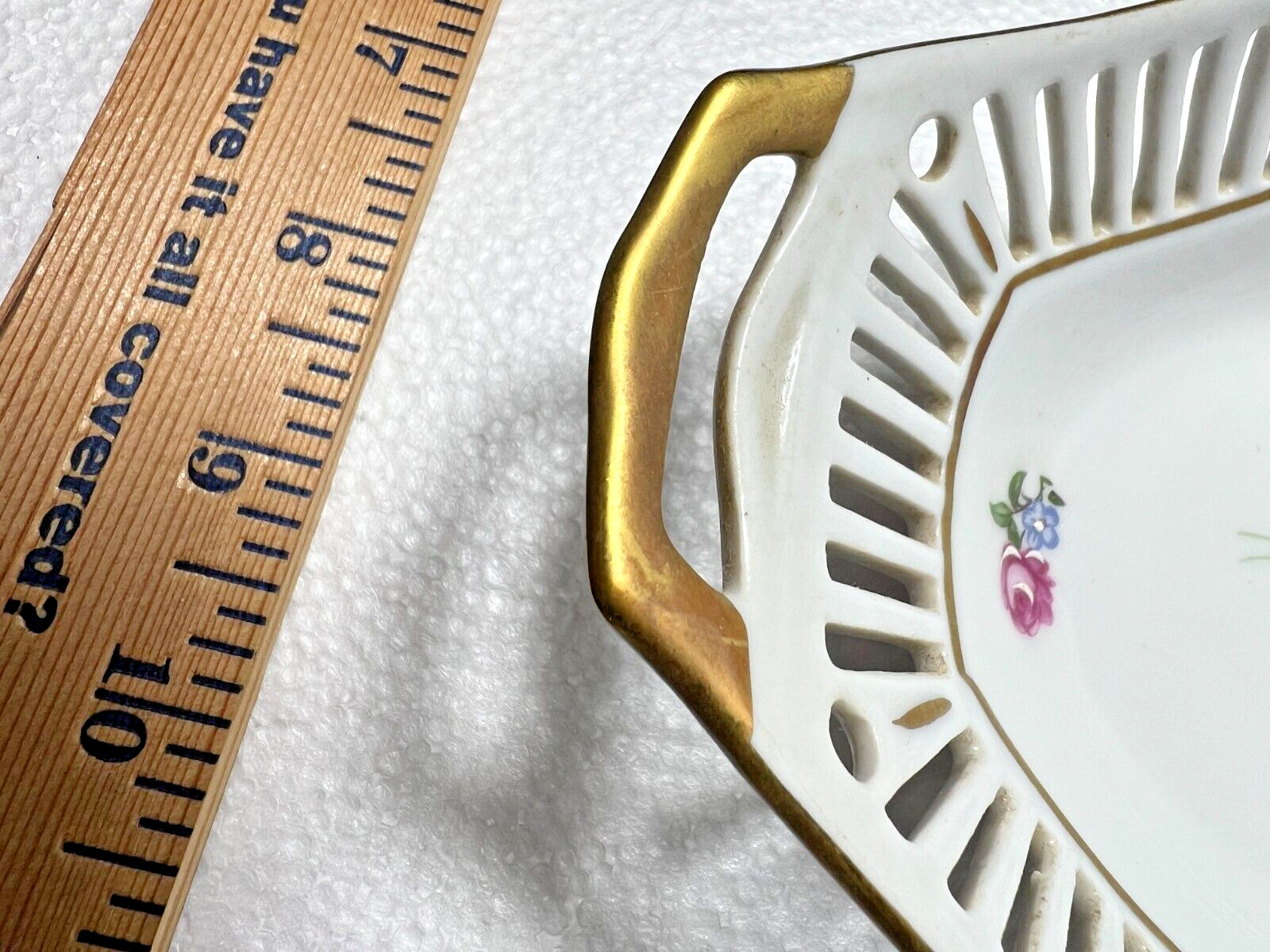 Two East German Porcelain Serving Dishes - Purple Flowers Gold Trim Latice Edge - Image 10