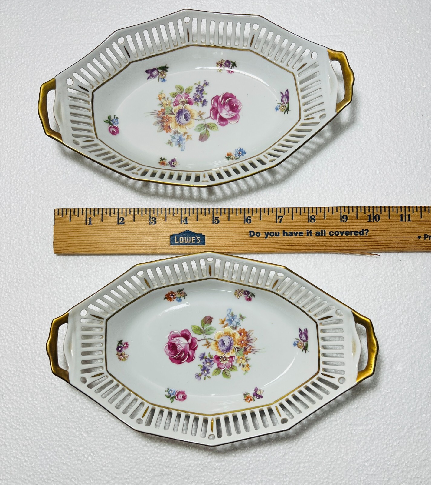 Two East German Porcelain Serving Dishes - Purple Flowers Gold Trim Latice Edge