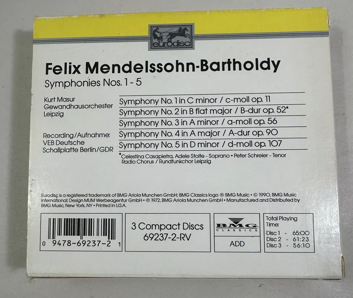Felix Mendelssohn Bartholdy: Symphonies Nos 1-5 - Kurt Masur Eurodisc - Image 4