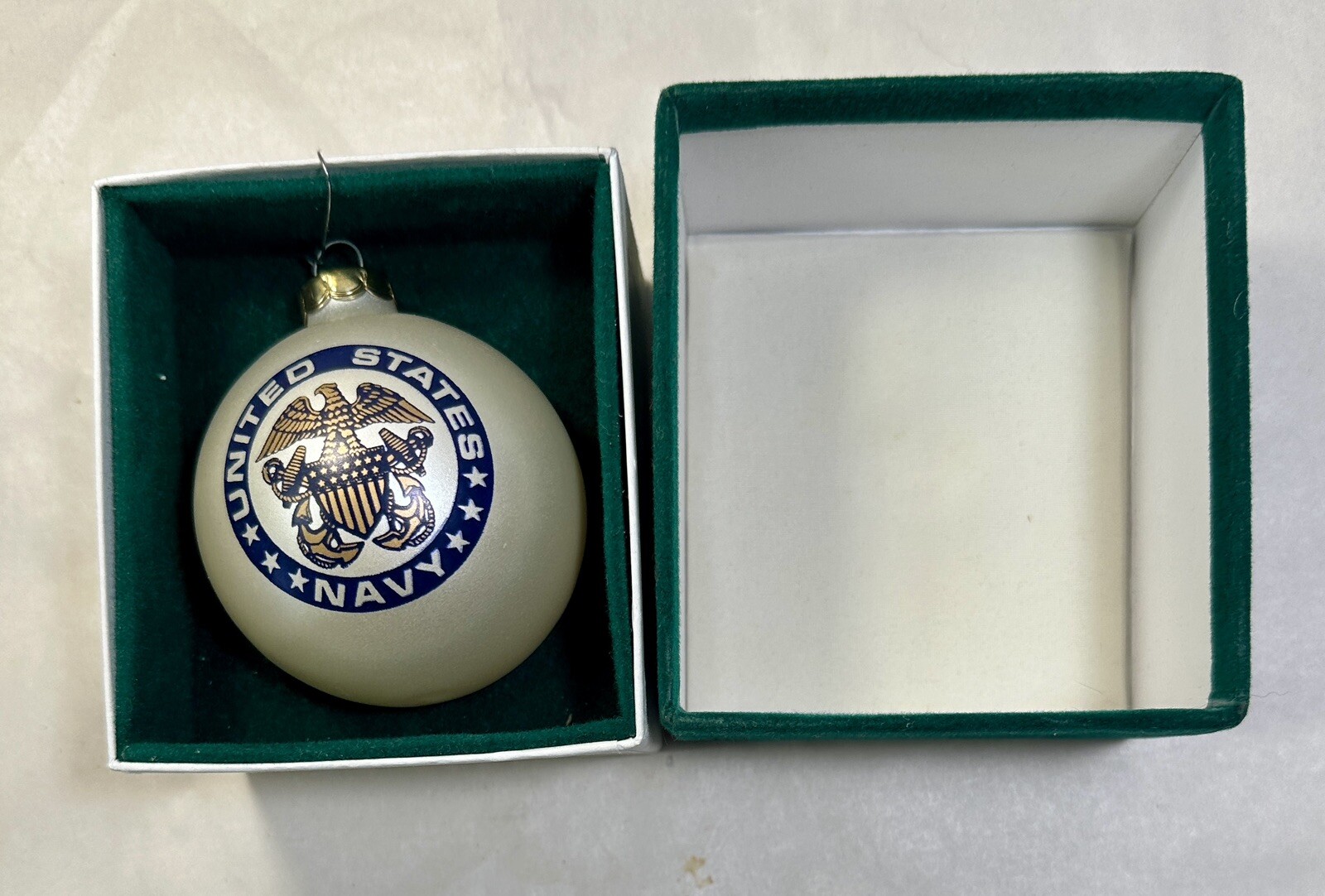US Navy Christmas Ornament Large Hand Painted Globe - Green Velvet Covered Box - Image 4