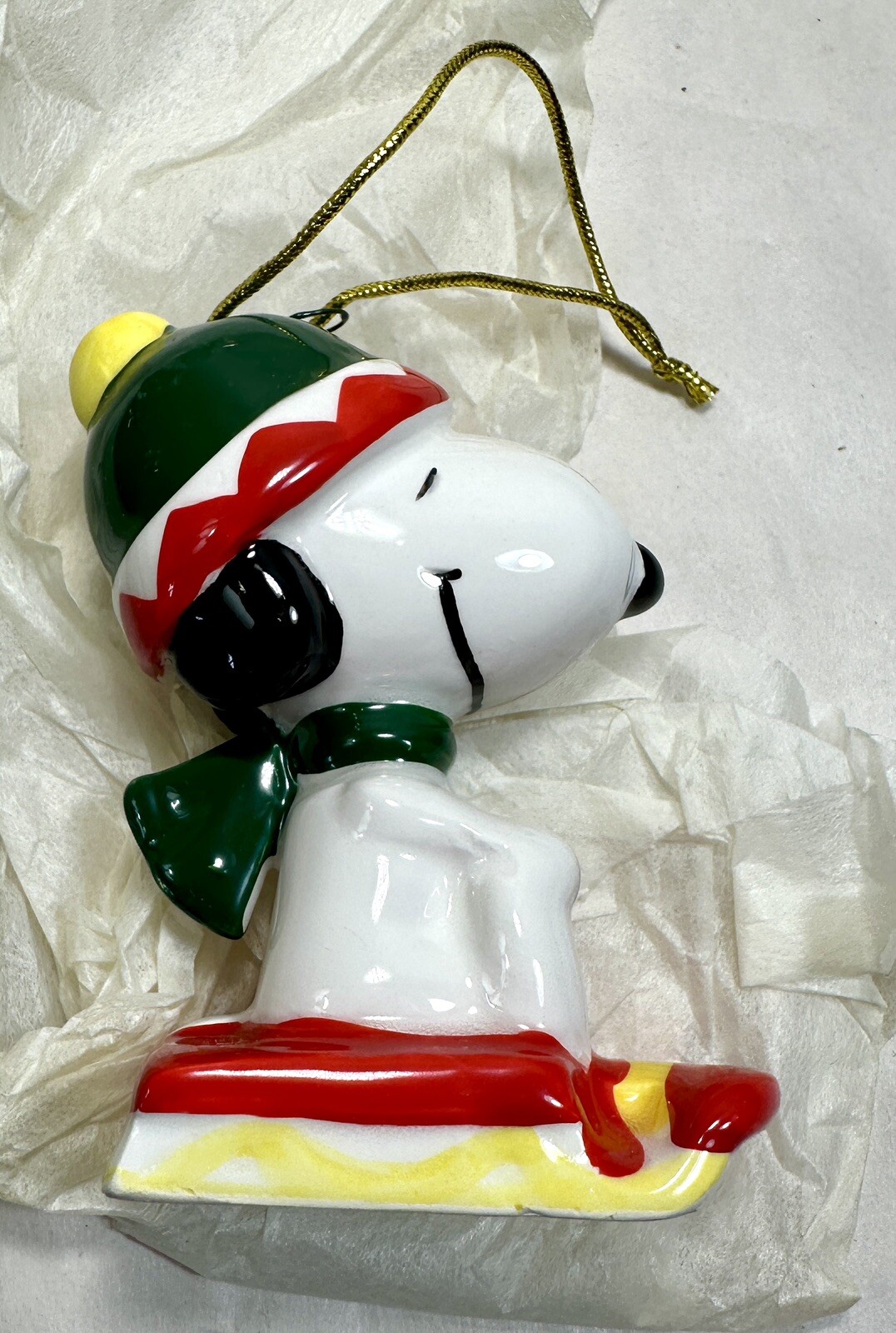 Vintage Korea Ceramic Peanuts Snoopy Christmas Ornament - Sledding - New in Box - Image 1