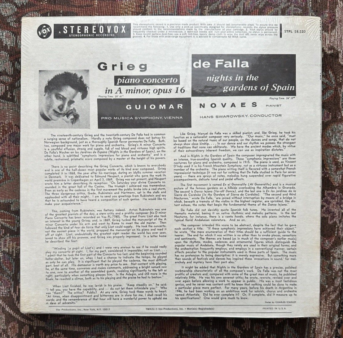 SEALED: Guiomar Novaes GRIEG Concerto FALLA Gardens of Spain - Vox STPL 58520 - Image 1
