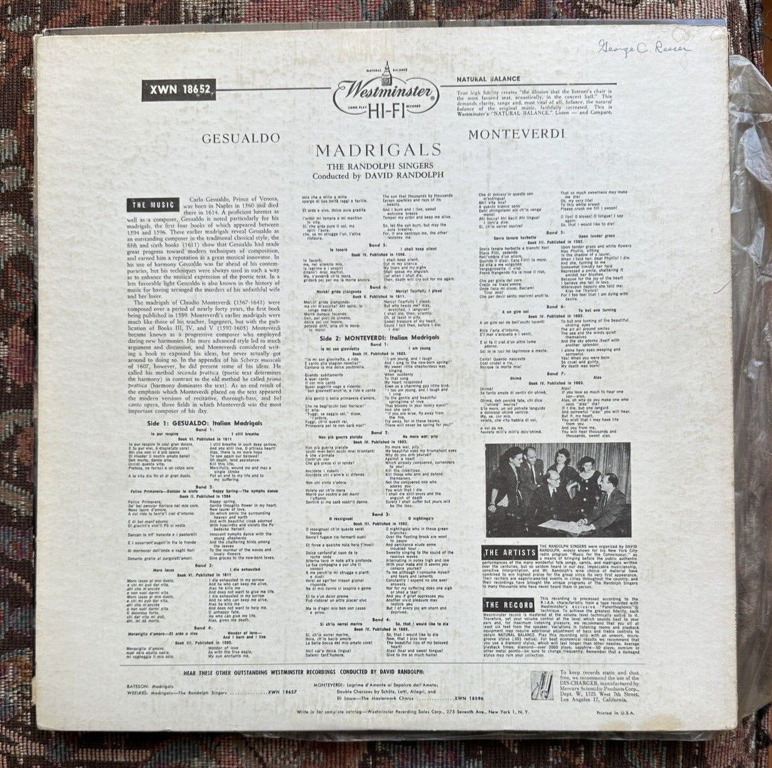 Gesualdo / Monteverdi - The Randolph Singers - Italian Madrigals - XWN 18652 - Image 5