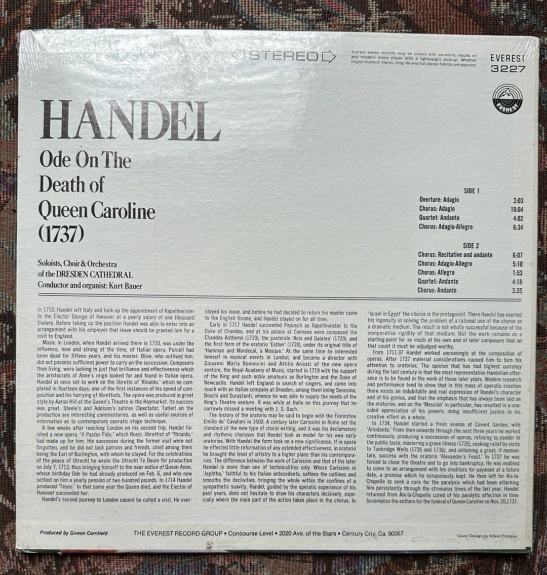 SEALED: Handel - Ode On The Death Of Queen Caroline - Everest 3227 - Image 1