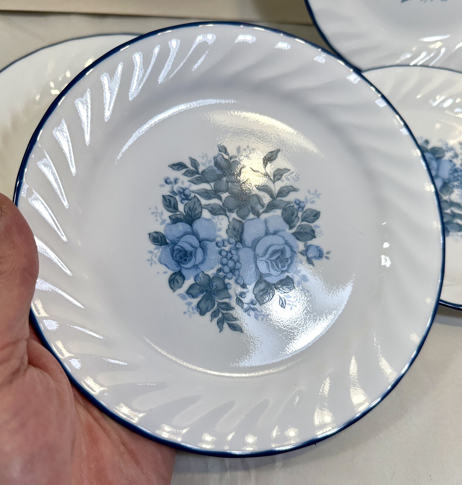 Set of 4 Corelle Blue Velvet Roses Bread / Dessert / Salad Plates  - 7-1/4"  NOS - Image 1