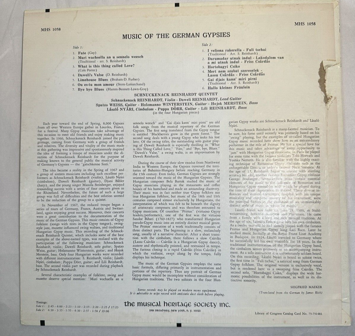 SCHNUCKENACK REINHARDT QUINTET Music Of The German Gypsies MHS 1058 - Image 5