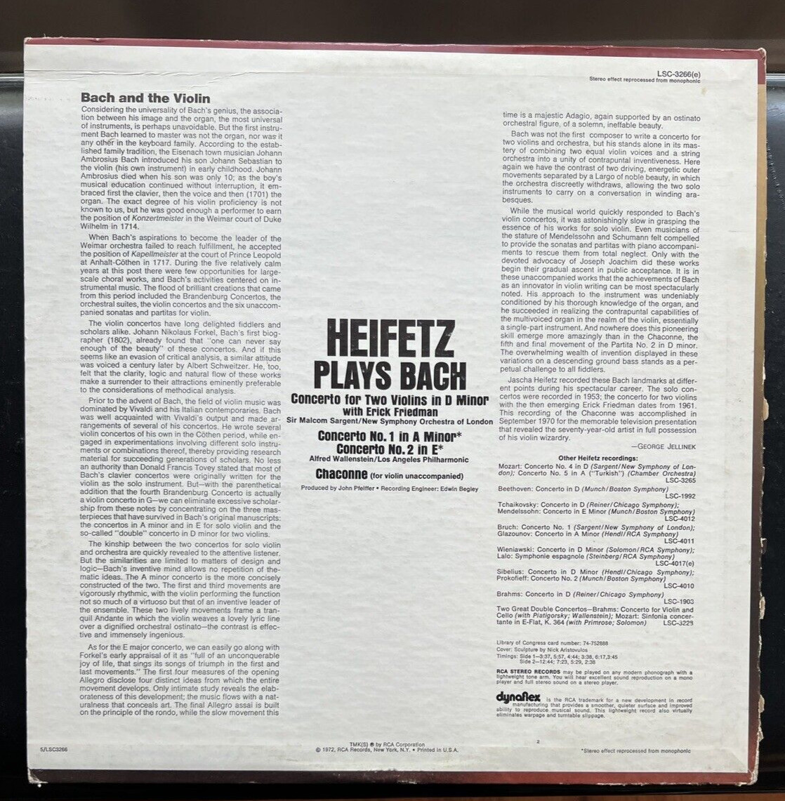 Jascha Heifetz Plays Bach - Erick Friedman - RCA LSC-3266 - Image 6
