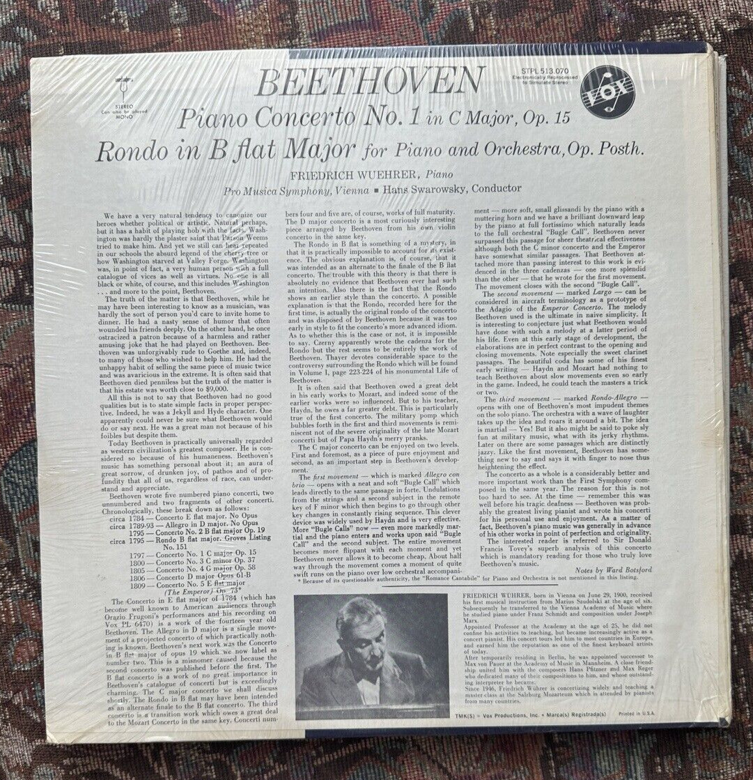 SEALED: Beethoven - Piano Concerto No. 1 - Friedrich Wuehrer - VOX STPL 513.070 - Image 1