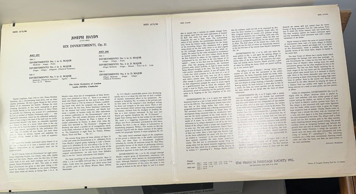 Haydn - Six Divertimenti Op. 31 - Leslie Jones, Little Orch London - MHS 1679/80 - Image 3