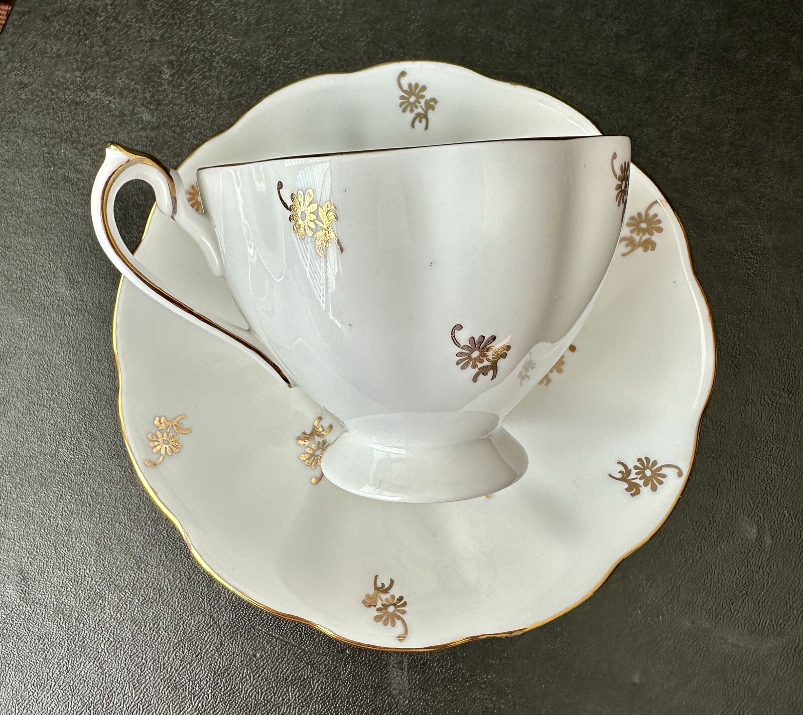 Queen Anne Tea Cup and Saucer - Gold Floral, White and Pale Blue - Image 1