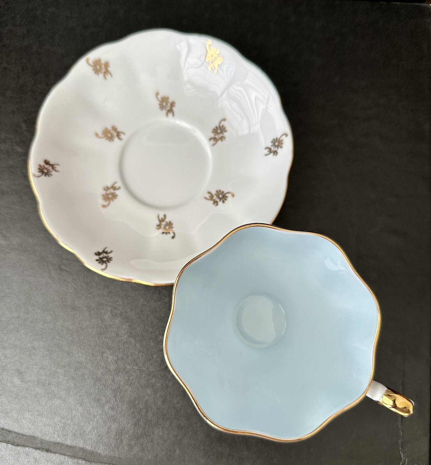 Queen Anne Tea Cup and Saucer - Gold Floral, White and Pale Blue - Image 3