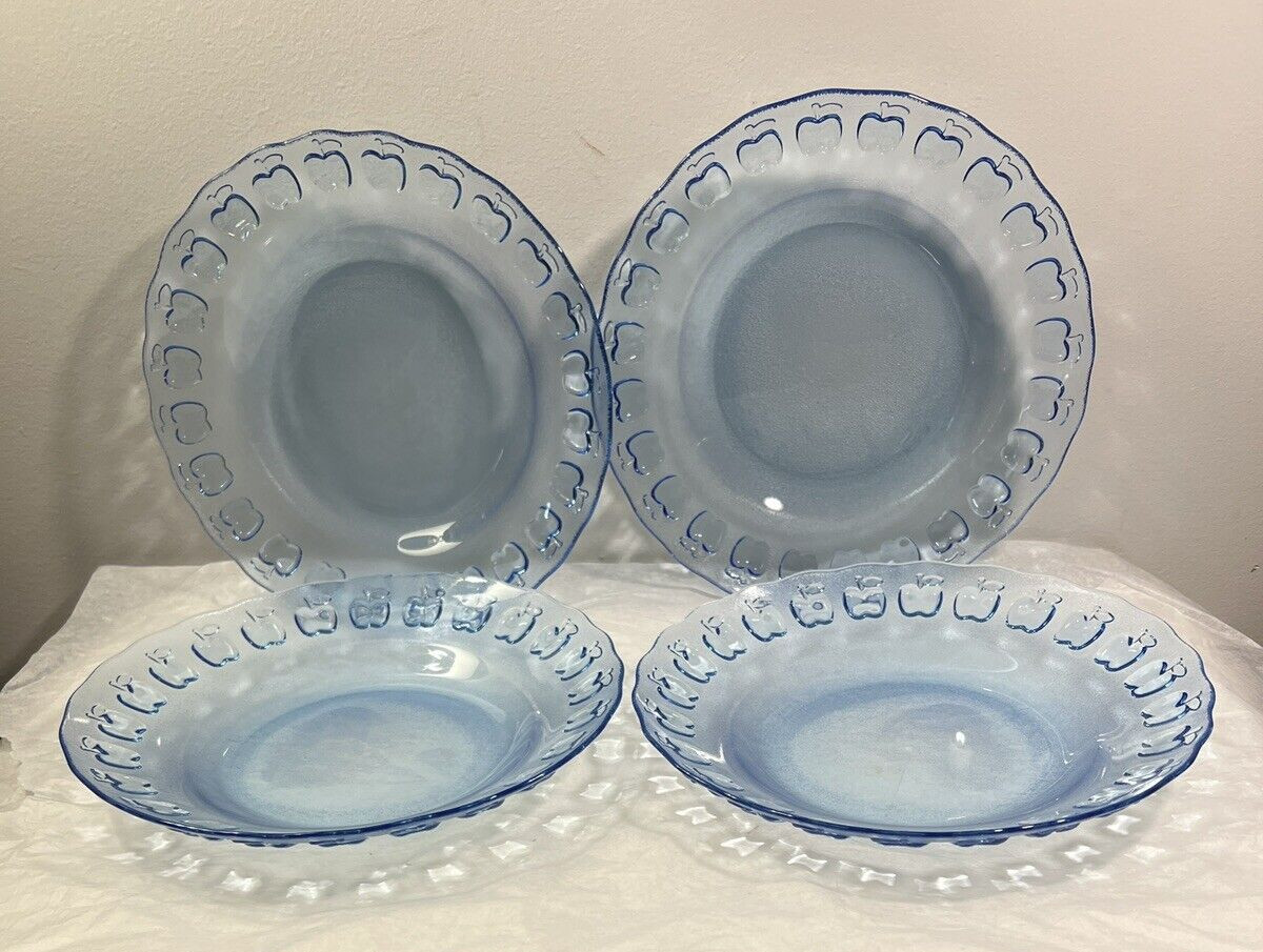 Four Pasari Indonesia 9" Glass Plates Embossed Apple Light Blue