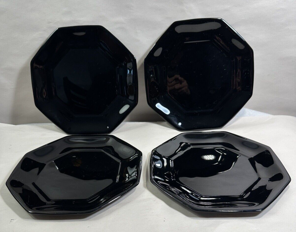 Arcoroc OCTIME Black Set Of 4 Salad Plates 7.5” Octagonal Sided Glass France - Image 1
