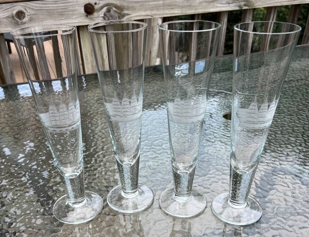 4 Vintage Clipper Hand Cut Blown Glass Etched Pilsner Glasses Ships 10" - Image 4
