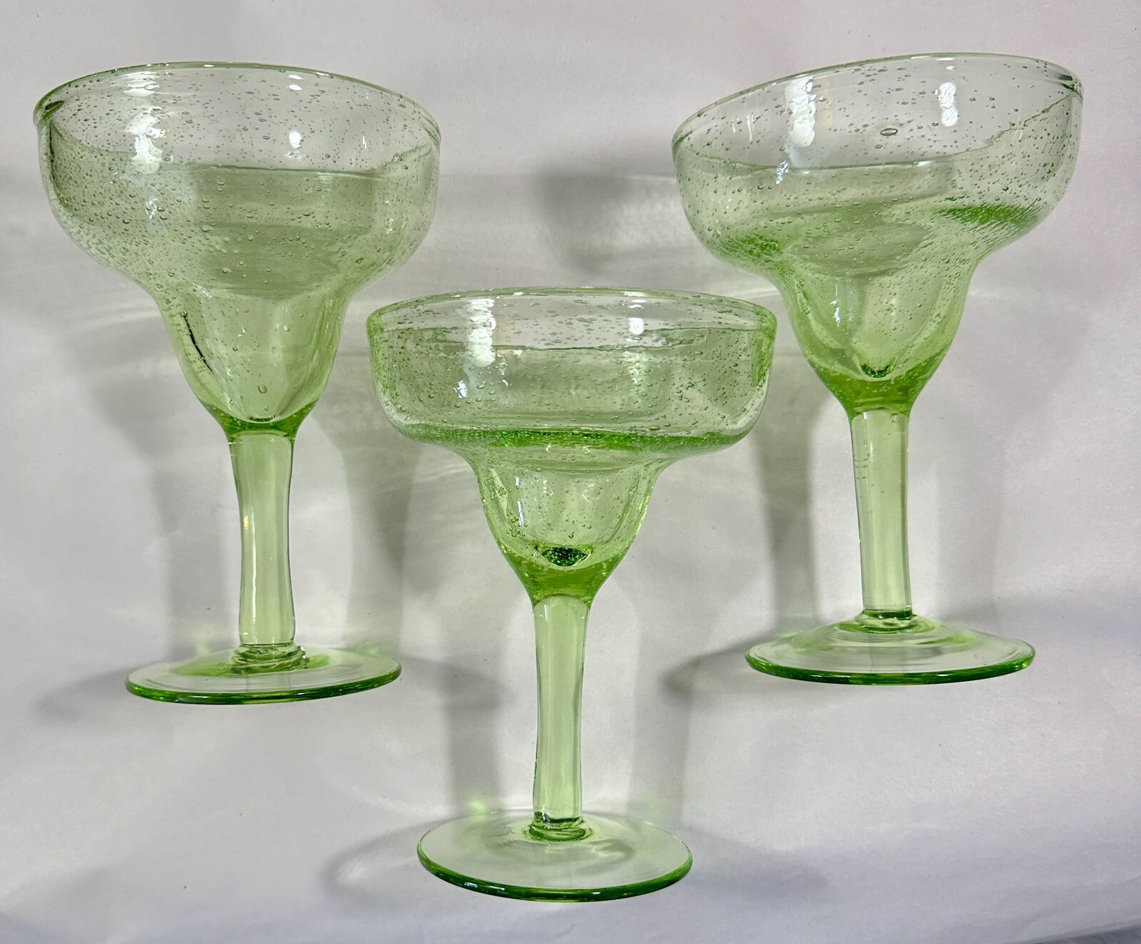 Three (3) Mexican Hand Blown Lime Colored Margarita Glasses -- Immaculate - Image 6