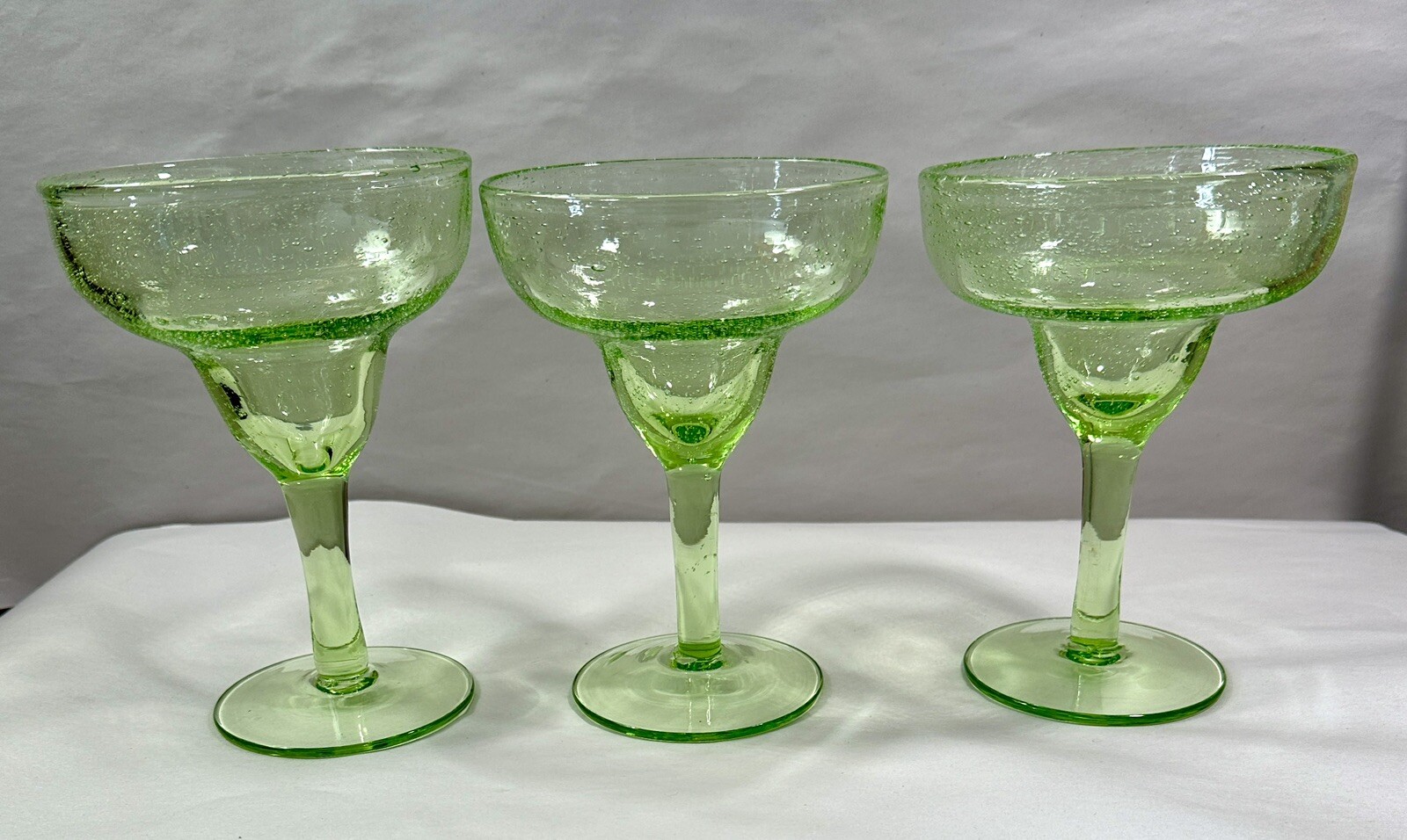 Three (3) Mexican Hand Blown Lime Colored Margarita Glasses -- Immaculate