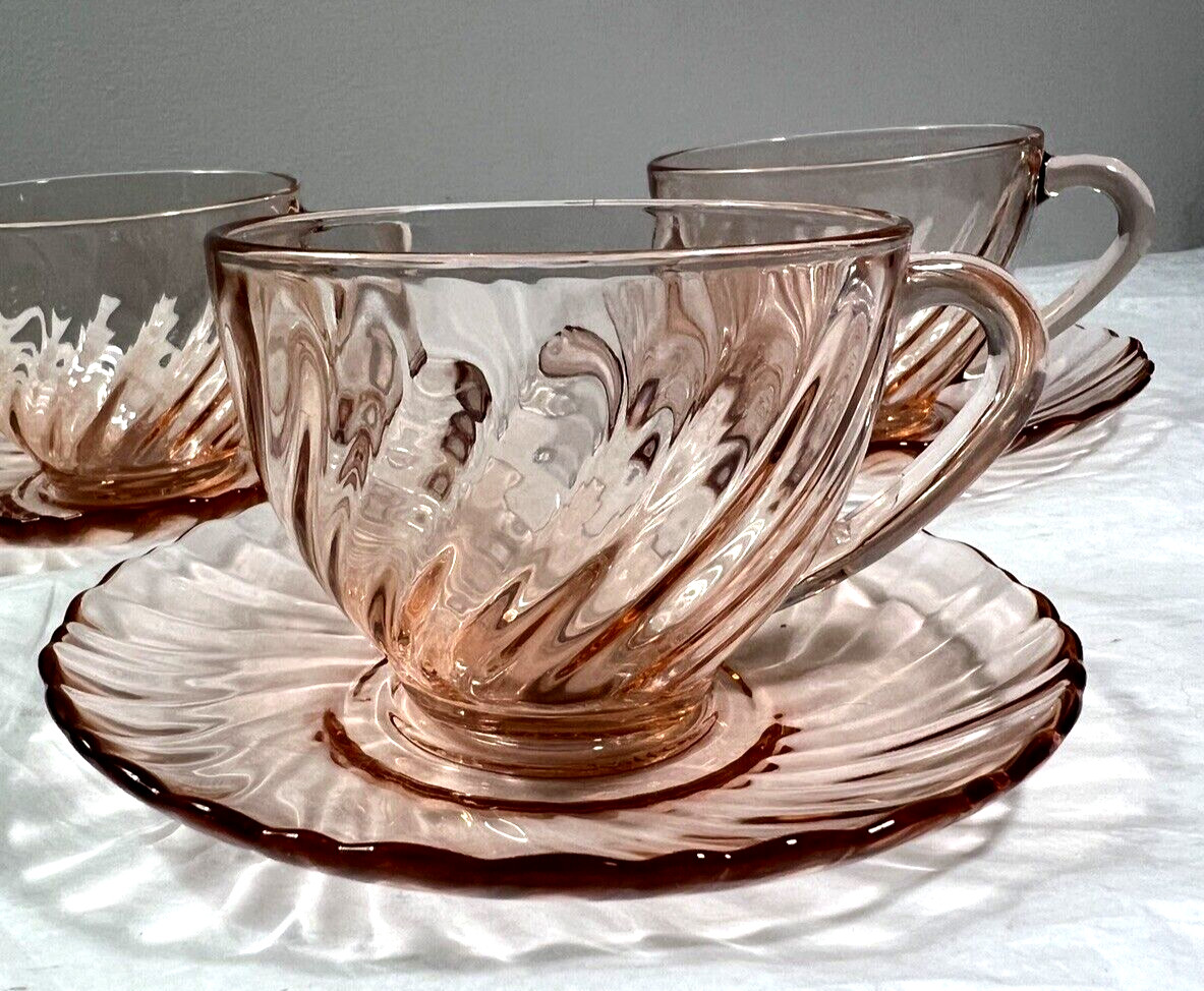Three (3) Arcoroc of France Pink Swirl Vintage Coffee/Tea Cups and Saucers - Image 2