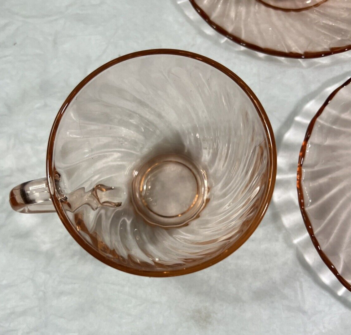 Three (3) Arcoroc of France Pink Swirl Vintage Coffee/Tea Cups and Saucers - Image 3