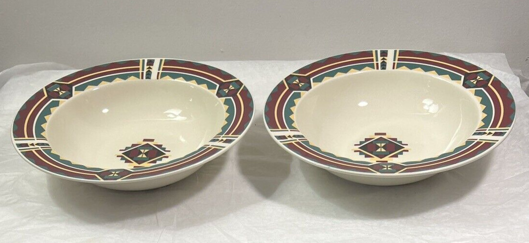 Two Tienshan Stoneware Southwestern Green, Brown and Cream Soup / Cereal Bowls - Image 2