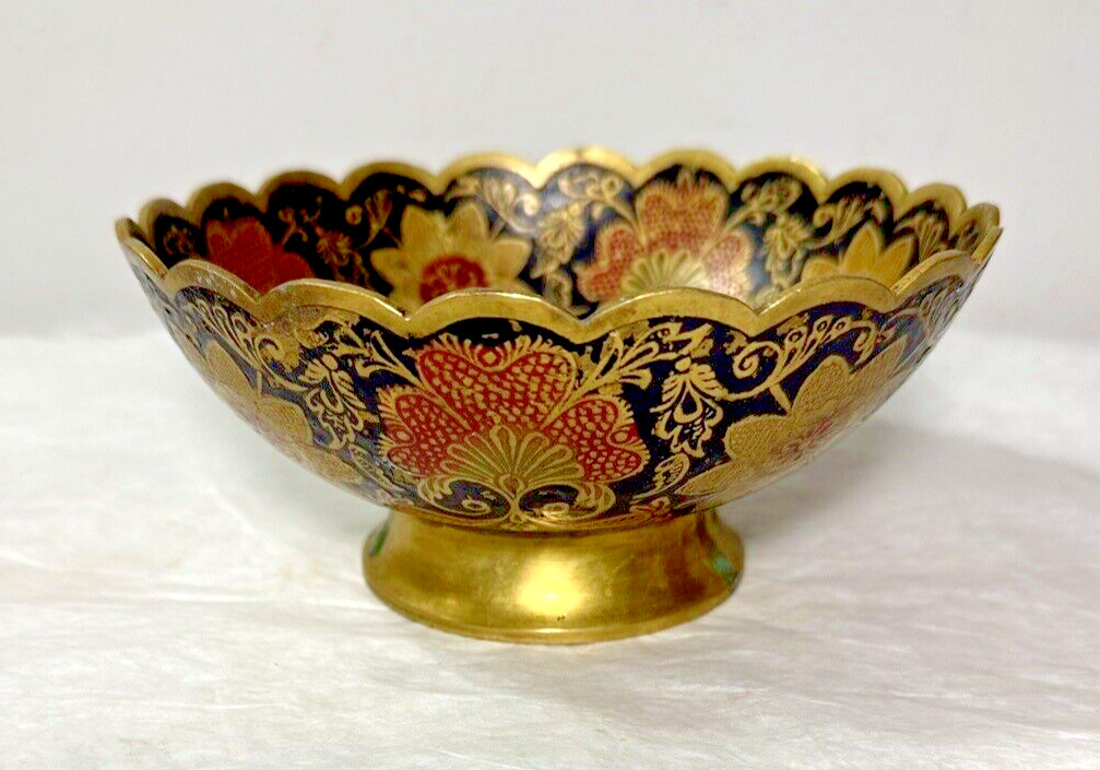Painted Brass Bowl - Morocco - Peacock Motif - 6.25" Wide, 3" Deep