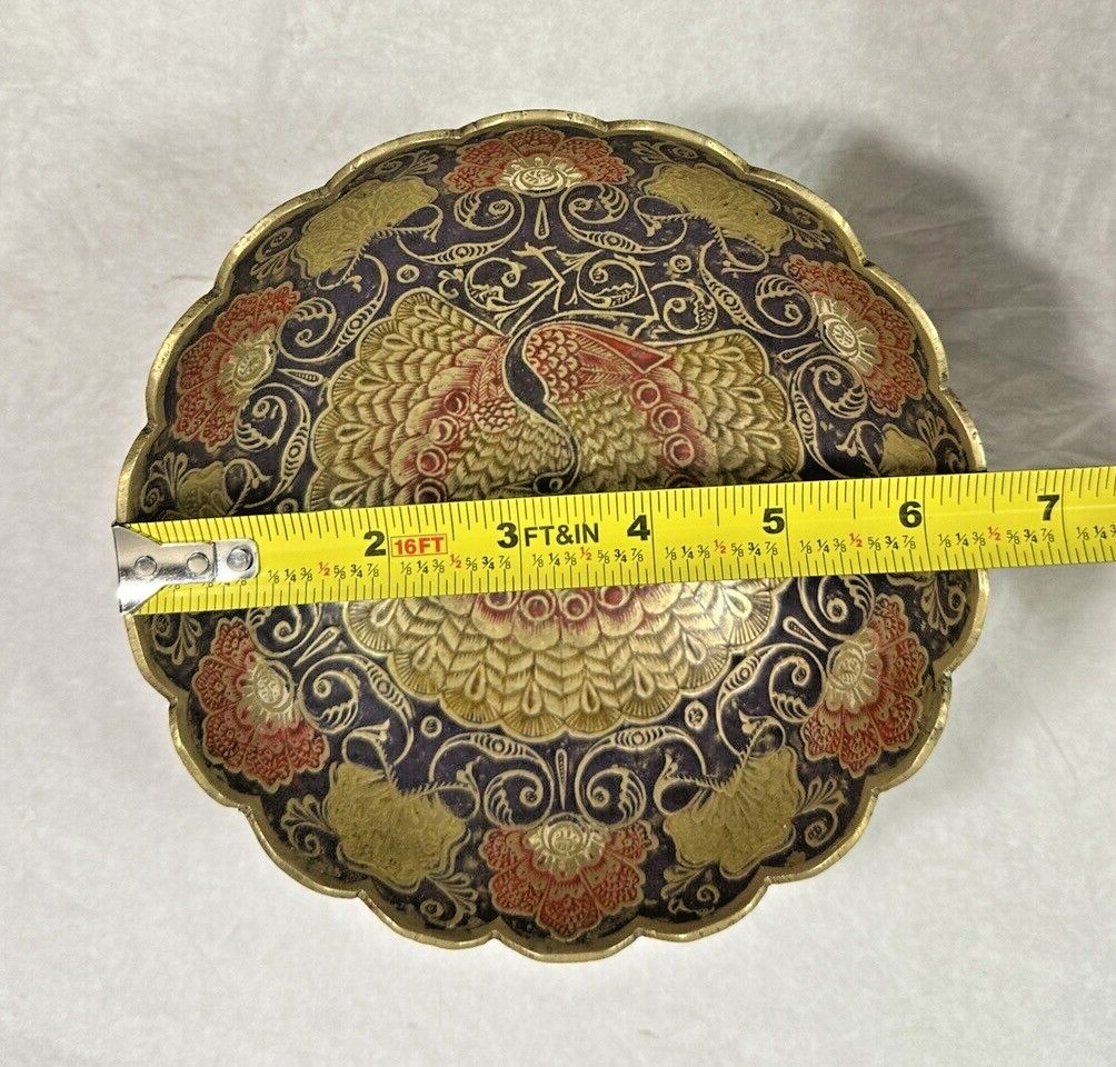 Painted Brass Bowl - Morocco - Peacock Motif - 6.25" Wide, 3" Deep - 1950s - Image 3