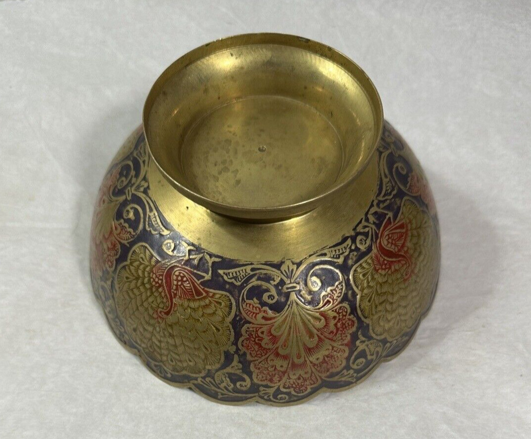 Painted Brass Bowl - Morocco - Peacock Motif - 6.25" Wide, 3" Deep - 1950s - Image 6